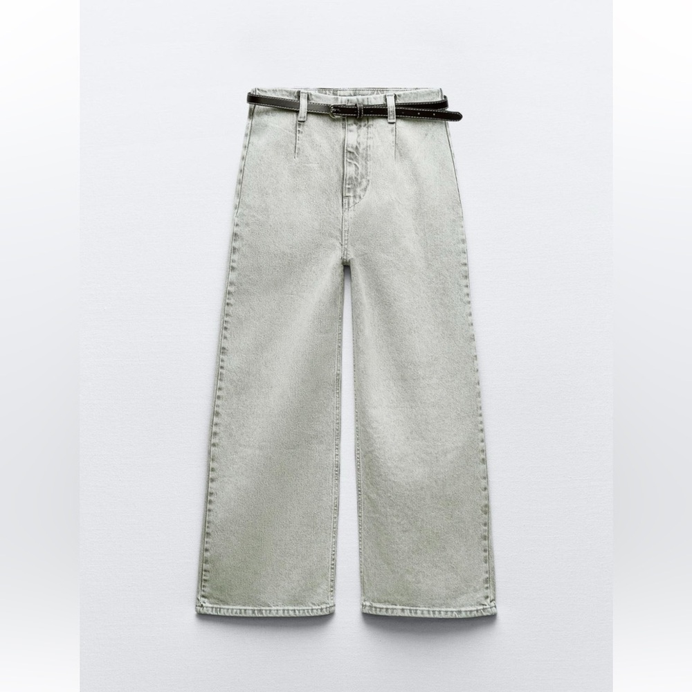 Z1975 Zara belted high rise cropped light grey jeans EUC